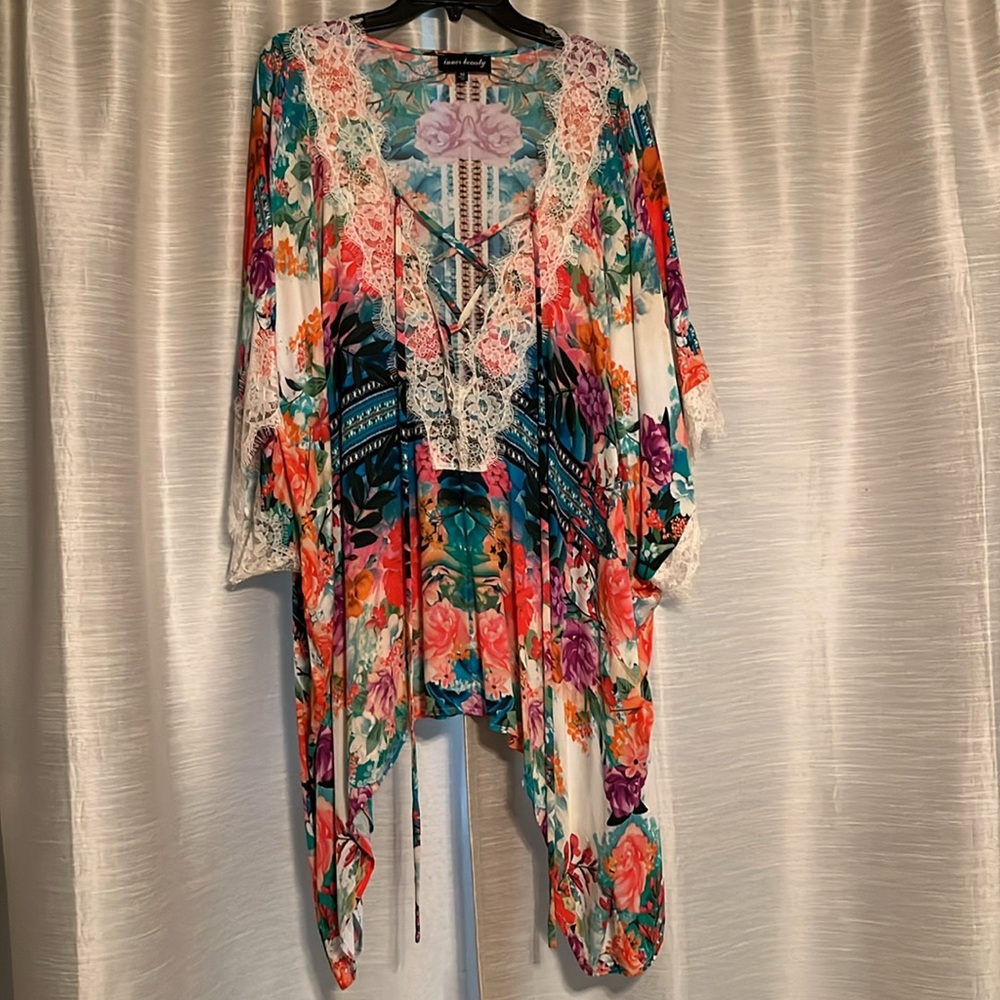 Vibrant Red and Blue Swim Coverup with Asymmetrical Design
